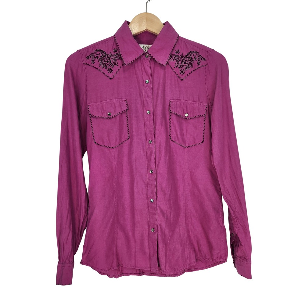 Ryan Michael Womens Silk Cotton Western Snap Shirt S Deep Pink Embroidered
